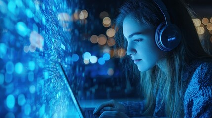 focused young woman engrossed in laptop at night