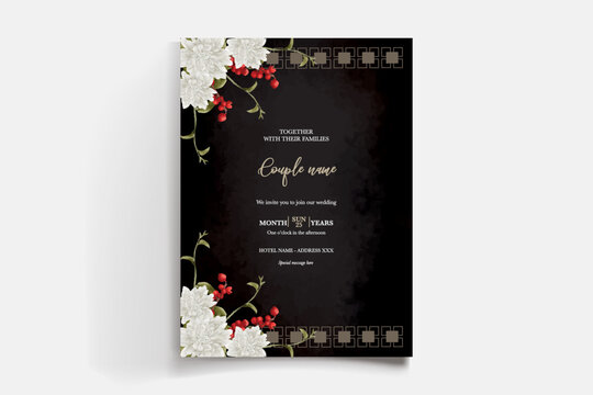 WEDDING INVITATION FRAME WITH FLOWER DECORATIONS AND FRESH LEAVES