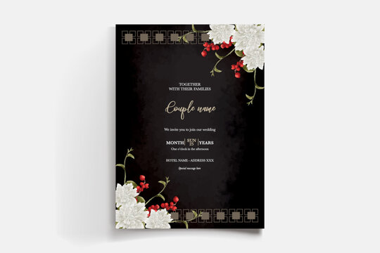 WEDDING INVITATION FRAME WITH FLOWER DECORATIONS AND FRESH LEAVES