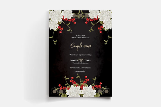 WEDDING INVITATION FRAME WITH FLOWER DECORATIONS AND FRESH LEAVES