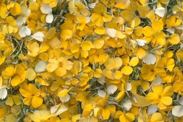 Wall Mural - close-up view of scattered yellow and white flower petals.