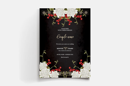 WEDDING INVITATION FRAME WITH FLOWER DECORATIONS AND FRESH LEAVES