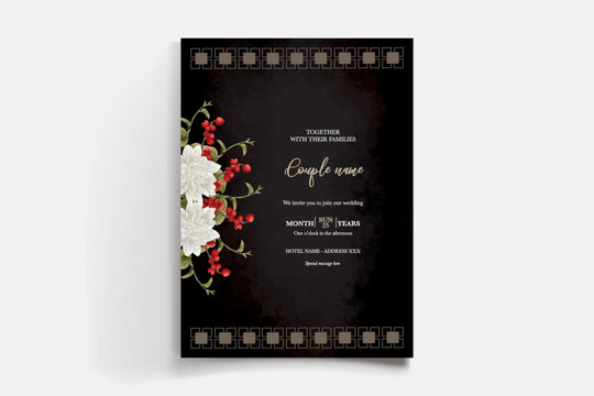 WEDDING INVITATION FRAME WITH FLOWER DECORATIONS AND FRESH LEAVES