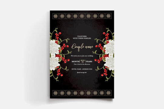 WEDDING INVITATION FRAME WITH FLOWER DECORATIONS AND FRESH LEAVES