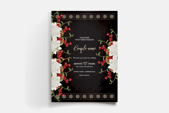 WEDDING INVITATION FRAME WITH FLOWER DECORATIONS AND FRESH LEAVES