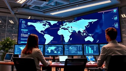  - Global network operations center, teamwork analyzing worldwide data for cybersecurity and strategic planning