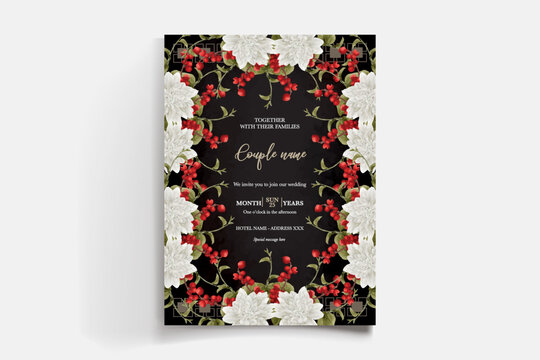 WEDDING INVITATION FRAME WITH FLOWER DECORATIONS AND FRESH LEAVES
