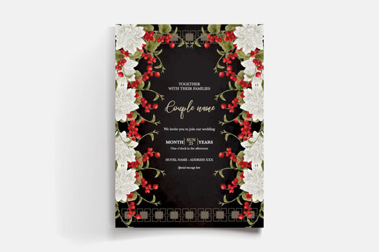 WEDDING INVITATION FRAME WITH FLOWER DECORATIONS AND FRESH LEAVES