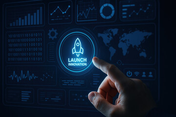 Poster - A strategic decision to launch innovation is highlighted on a touchscreen interface symbolizing business growth and efficiency in a data-driven environment
