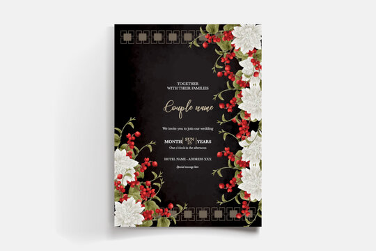 WEDDING INVITATION FRAME WITH FLOWER DECORATIONS AND FRESH LEAVES