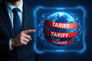Poster - A businessman uses strategic decision-making to navigate global trade challenges symbolized by glowing tariffs wrapped around a digital globe