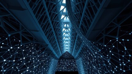 Leinwandbilder - Exploring the futuristic corridor illuminated by blue lights and interconnected networks evoking technological advancement and innovation