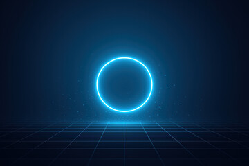 Poster - This glowing blue neon ring symbolizes innovation and strategic decision making illustrating growth and efficiency within a minimalist tech environment