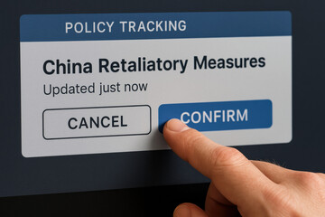 Poster - A close-up view a hand confirming a policy update interface illustrating strategic decision-making and business efficiency in managing retaliatory measures
