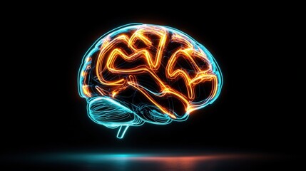 Poster - Neon glowing brain illustration with vibrant orange and blue colors representing creativity ligence and neural network technology visualization