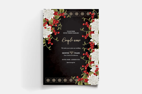 WEDDING INVITATION FRAME WITH FLOWER DECORATIONS AND FRESH LEAVES