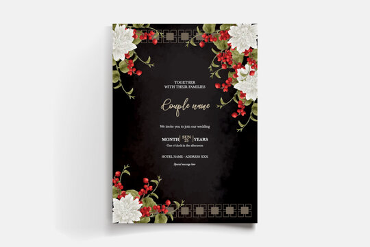 WEDDING INVITATION FRAME WITH FLOWER DECORATIONS AND FRESH LEAVES