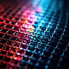 Leinwandbilder - Colorful reflections dance on a metallic grid under artificial light at twilight creating an enchanting atmosphere