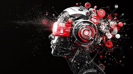 Poster - Futuristic cyborg with glowing visor, intricate circuitry, and vibrant red accents