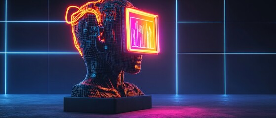 Poster - Futuristic neon bust with a VR visor against a dark background. Glowing lights accent the design