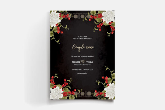 WEDDING INVITATION FRAME WITH FLOWER DECORATIONS AND FRESH LEAVES