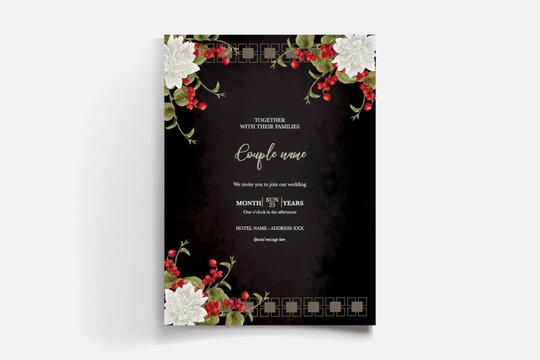 WEDDING INVITATION FRAME WITH FLOWER DECORATIONS AND FRESH LEAVES