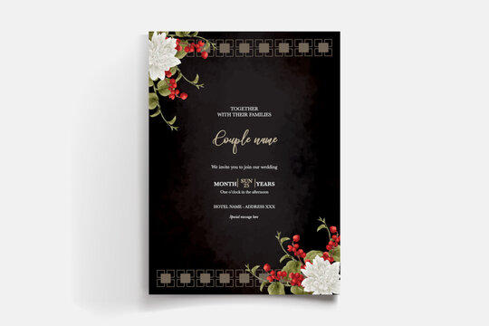 WEDDING INVITATION FRAME WITH FLOWER DECORATIONS AND FRESH LEAVES