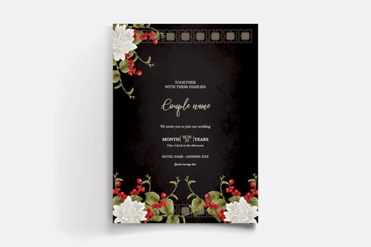 WEDDING INVITATION FRAME WITH FLOWER DECORATIONS AND FRESH LEAVES