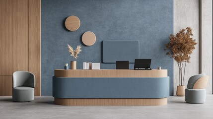Poster - Clean reception desk with touchpad terminal, minimalist signage, and branded stationery