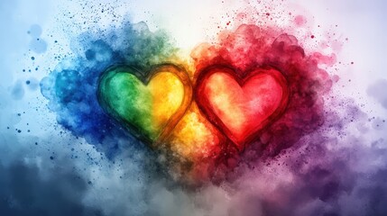 Poster - Vibrant colorful abstract art depicting two intertwined hearts created with watercolor splashes and paint blending in a dynamic and eye-catching design