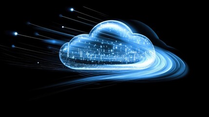 Poster - Cloud symbol over cityscape with glowing data lines illustrating urban cloud connectivity