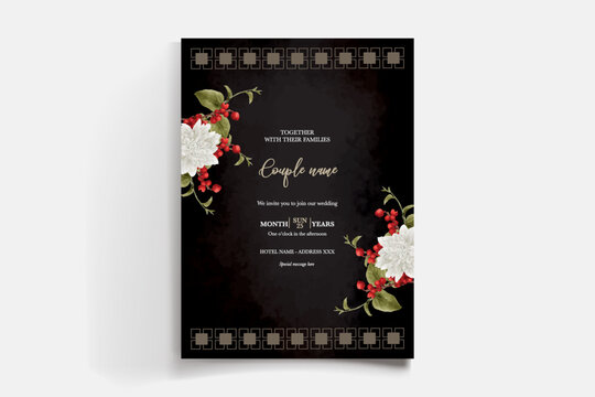 WEDDING INVITATION FRAME WITH FLOWER DECORATIONS AND FRESH LEAVES