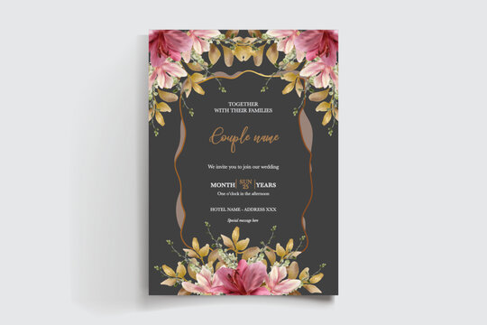 WEDDING INVITATION FRAME WITH FLOWER DECORATIONS AND FRESH LEAVES