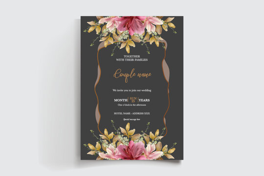WEDDING INVITATION FRAME WITH FLOWER DECORATIONS AND FRESH LEAVES