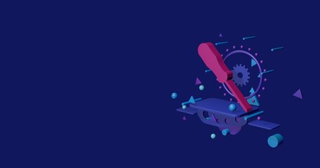 Poster - Pink a screwdriver symbol on a pedestal of abstract geometric shapes floating in the air. Abstract concept art with flying shapes on the right. 3d illustration on indigo background