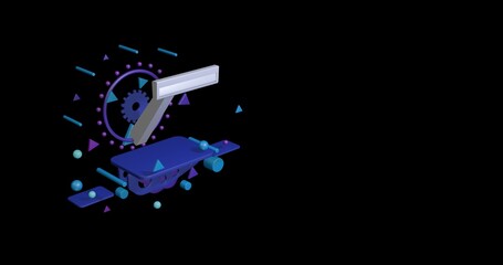 Poster - White mens razor symbol on a pedestal of abstract geometric shapes floating in the air. Abstract concept art with flying shapes on the left. 3d illustration on black background