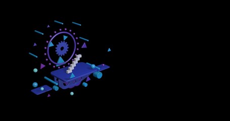 Poster - White stairs symbol on a pedestal of abstract geometric shapes floating in the air. Abstract concept art with flying shapes on the left. 3d illustration on black background