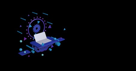 Poster - White notebook symbol on a pedestal of abstract geometric shapes floating in the air. Abstract concept art with flying shapes on the left. 3d illustration on black background