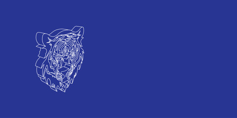 Poster - The outline of a large tiger head symbol made of white lines on the left. 3D view of the object in perspective. Vector illustration on indigo background