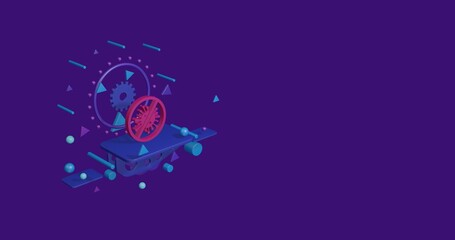 Poster - Pink stop coronavirus symbol on a pedestal of abstract geometric shapes floating in the air. Abstract concept art with flying shapes on the left. 3d illustration on deep purple background