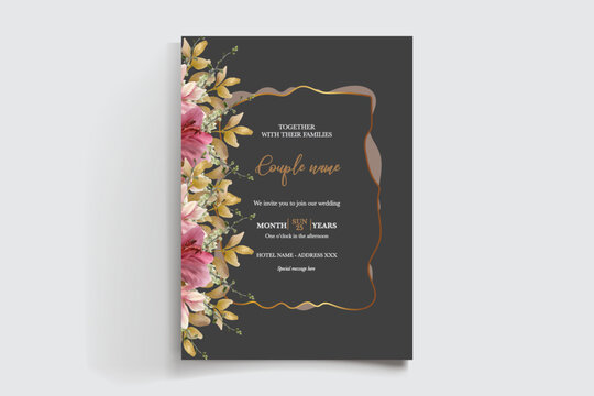 WEDDING INVITATION FRAME WITH FLOWER DECORATIONS AND FRESH LEAVES