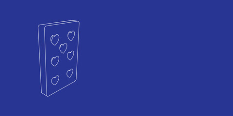 Poster - The outline of a large seven of hearts playing card made of white lines on the left. 3D view of the object in perspective. Vector illustration on indigo background