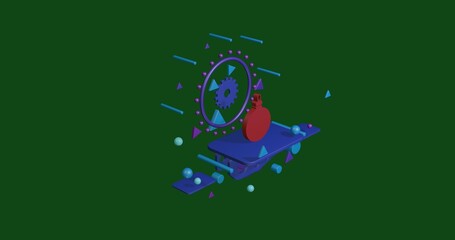 Poster - Red Christmas tree toy on a pedestal of abstract geometric shapes floating in the air. Abstract concept art with flying shapes in the center. 3d illustration on green background