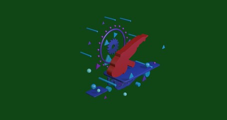 Poster - Red angle grinder symbol on a pedestal of abstract geometric shapes floating in the air. Abstract concept art with flying shapes in the center. 3d illustration on green background