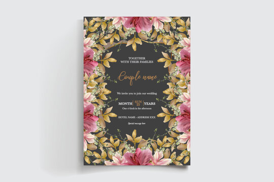 WEDDING INVITATION FRAME WITH FLOWER DECORATIONS AND FRESH LEAVES
