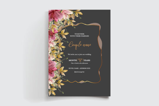 WEDDING INVITATION FRAME WITH FLOWER DECORATIONS AND FRESH LEAVES