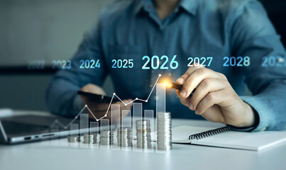 Leinwandbilder - Increase chart arrow graph corporate business future growth new year 2026.	New opportunity, challenge and strategy in 2026. New plans,goals and visions in business for new year 2026. 