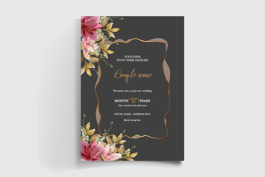 WEDDING INVITATION FRAME WITH FLOWER DECORATIONS AND FRESH LEAVES