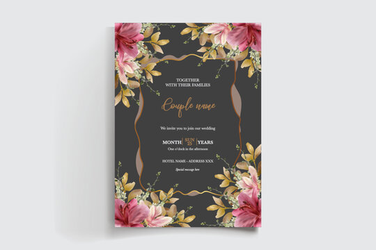 WEDDING INVITATION FRAME WITH FLOWER DECORATIONS AND FRESH LEAVES