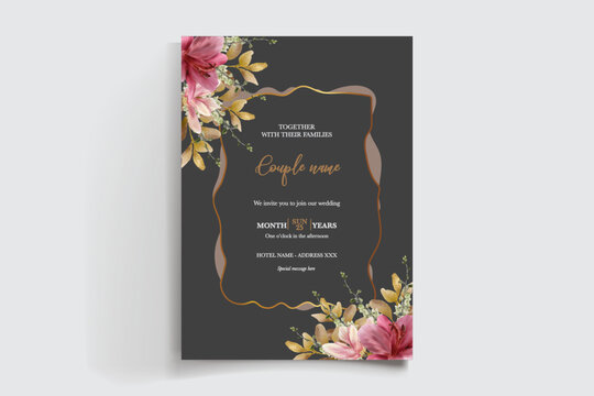WEDDING INVITATION FRAME WITH FLOWER DECORATIONS AND FRESH LEAVES